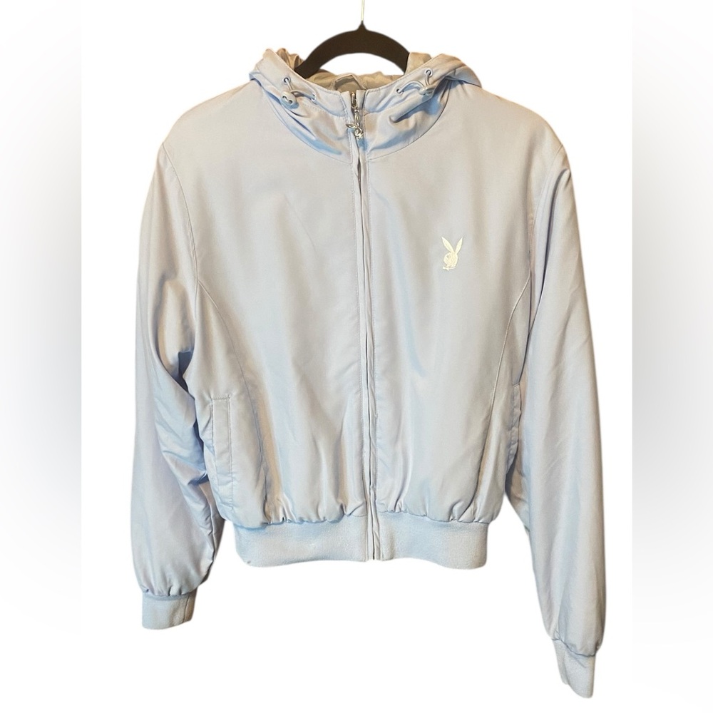 PLAYBOY Baby Blue Hooded Bomber Jacket Y2K Streetwear Size Large